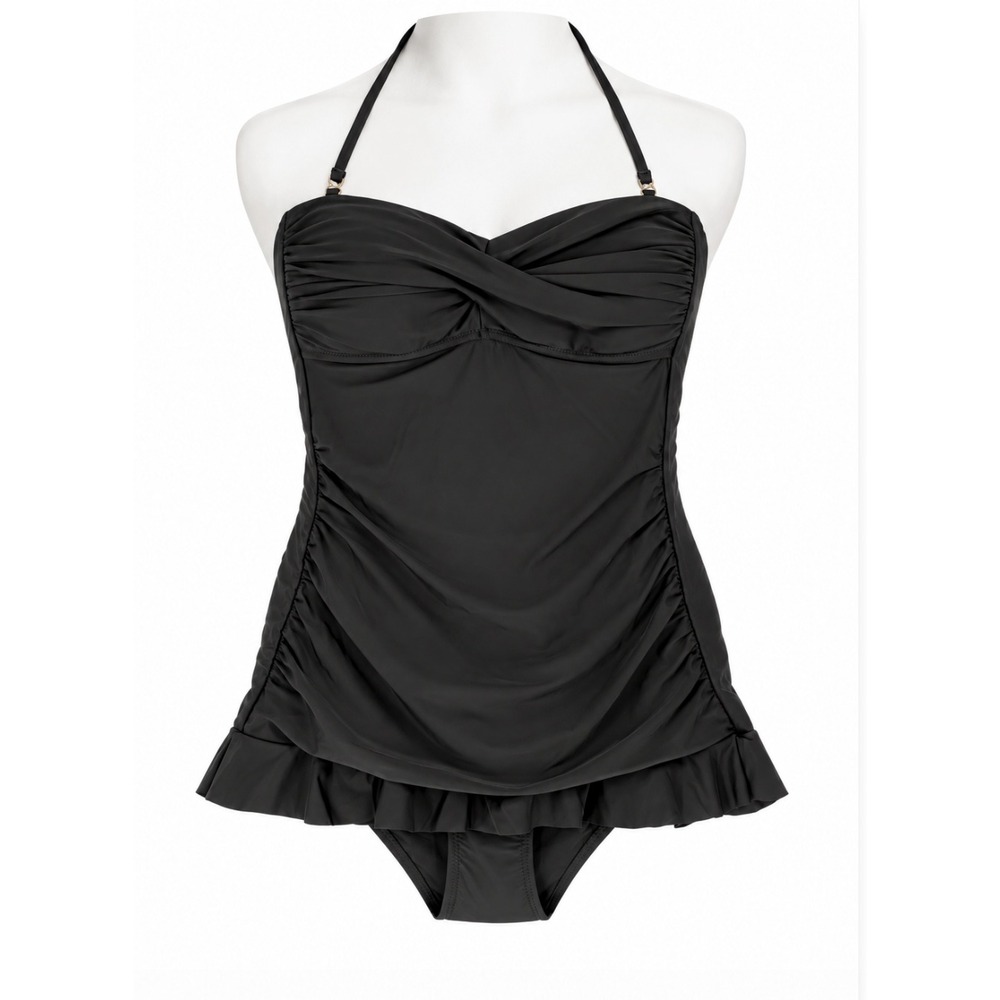Kenneth Cole Reaction RS42Z12 Swimsuit Women 8 Black Ruffle Ruched Halter NWT